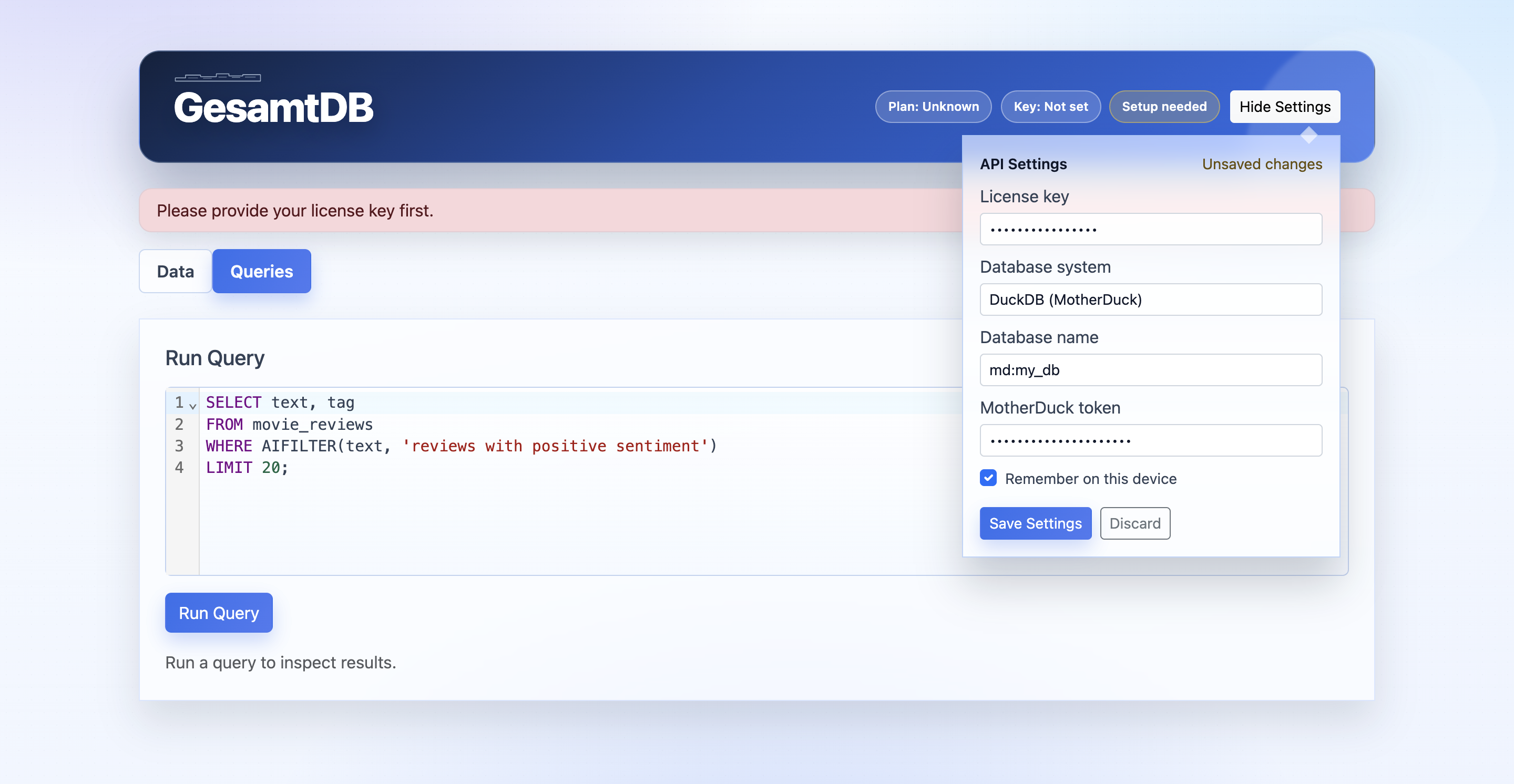 GesamtDB settings panel with connection configuration fields